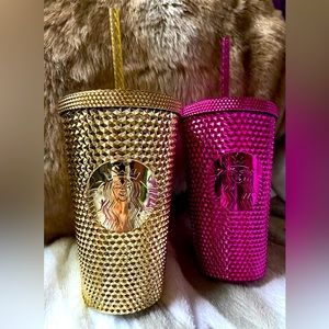 NWT Starbucks 2022 Metallic Studded Pink & Gold Grande Cold Cup Tumbler Set